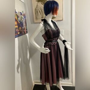 Rare - Pink and Black Taffeta Vintage 80s Dress with Matching Scarf/Shawl/Belt